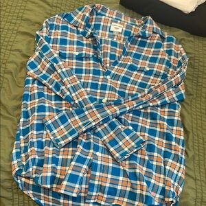 Old Navy Men's Blue and Orange Plaid Shirt